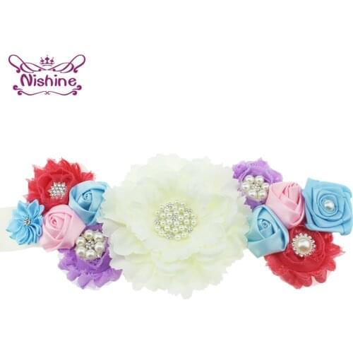 Nishine Boutique Pearl Rhinestone Maternity Belt Fashion Handmade Peony Flower Women Waistband Girls Holiday or Anniversary Gift