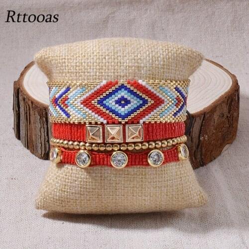 Rttooas Rainbow MIYUKI Beads Bracelets Women Fashion Red Rivet Charm Bracelet Handmade Woven Geometric Female Jewelry 2020 New