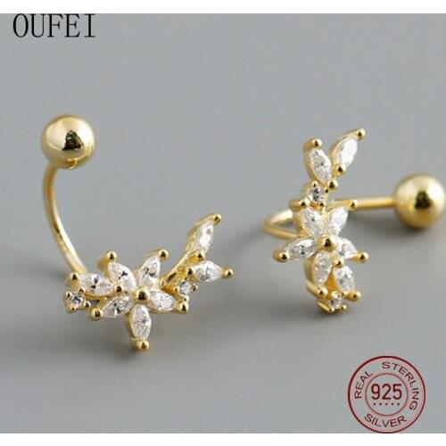 S925 White Fungus Nails Earring 925 Sterling Silver Screw Buckle Screws Round Beads U-Shaped Flower Earrings Women