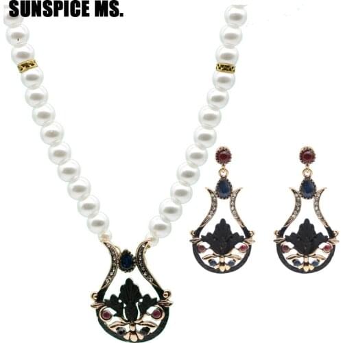 SUNSPICE MS. Ethnic Turkish Women Resin Flower Drop Earrings Pearl Bead Necklace Vintage Indian Bridal Banquet Jewelry Sets