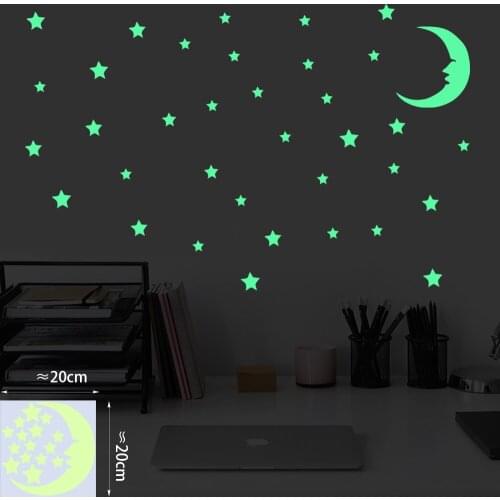 Moon And 15 Stars Luminous Wall Sticker for Kids Children Rooms Art Mural Home Decor Glow in the Dark Peel & Stick PVC Wallpaper