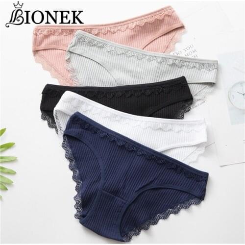 BIONEK Fashion Lace Lingerie Women Soft Cotton Underwear Low Waist Sexy Briefs Pure Color Underpants Breathable Without Trace