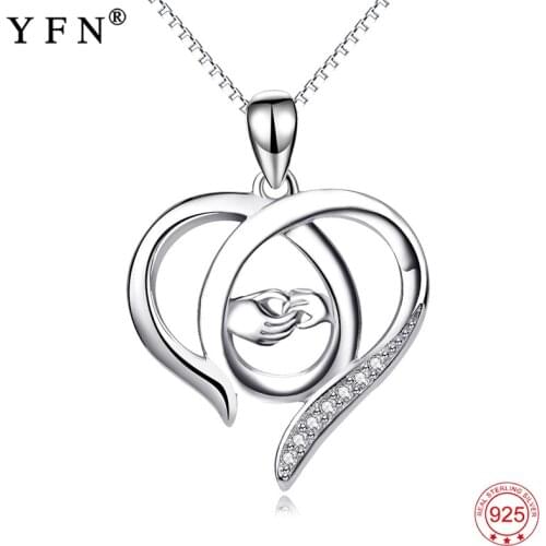 YFN 100% Real 925 Sterling Silver Mom&Baby Necklaces Hand Hold Hand Heart Pendant Necklace Jewelry Mothers Day Gift Moms Gifts