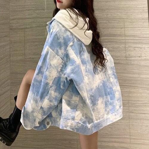 Ladies Basic Jacket Tie-dye Single Button Lapel Sweet and Loose College Style Korean Tooling Denim Autumn Fashion Women Clothes