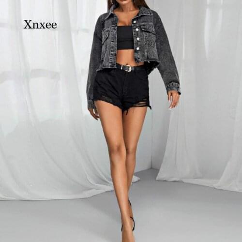 2021 Autumn and Winter Womens Sexy Tattered Denim Jacket Retro Casual Short Denim Jacket Long Sleeve Fashion Wear