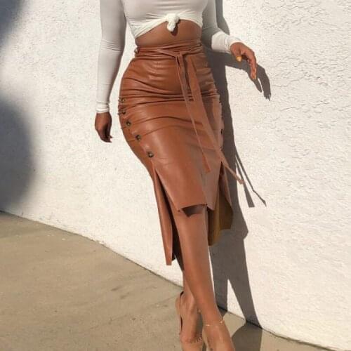 Women Fashion PU Leather Skirt Solid Color Side Buttons Slit Slim Bodycon Skirts For Women Lace-up Streetwear Skirt