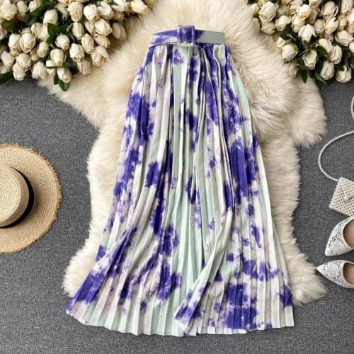 Autumn 2021 Design Irregular Tie Dye Midi Skirt Women Retro Korean High Waist Pleated Skirt Female Trendy Jupe Long Saias zh1227