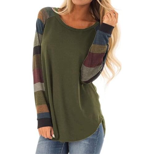 Hitmebox 2019 New Spring Autumn Womens Round Neck Color Block Long Sleeve Tunic Sweatshirt Casual Loose Striped Top Basic Tshirt