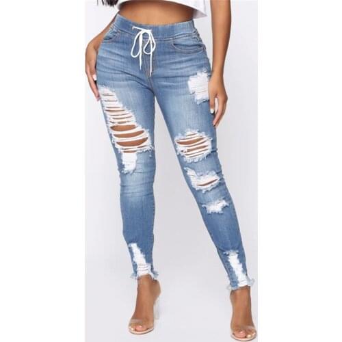 Light Blue Ripped Jeans for Women 2021 Street Style Sexy y2k Mid Rise Distressed Trouser Stretch Skinny Hole Denim Pencil Pants