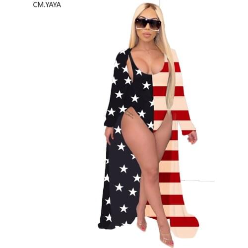 2020 Women Summer Bikini Set Sexy Beach Bohe American Flag Print Long Sleeve Cloak +Swimsuit Two Pieces Sets Swimsuit Bikini Set