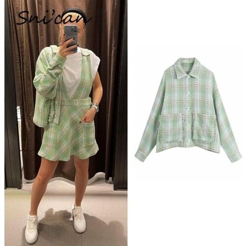 Wollen Tweed Plaid Jacket Coat Spring Vintage British Style Office Ladies Blazer Tops Vintage Oversize Casual Outwear Za 2021