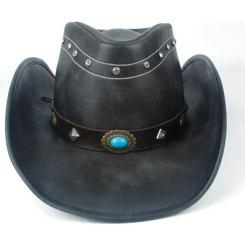 100% Leather Women Men Black Western Cowboy Hat With Roll Up Brim Punk Belt Jazz Sombrero Cap Dad Hat Size 58-59CM
