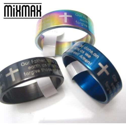 100pcs cross rings our father god Jesus English Prayer Bible Lords black blue multicolor Christian stainless steel band Jewelry