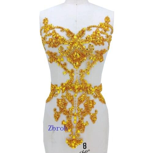 55*35cm handmade crystal patches sew on golden rhinestones applique on mesh for dress accessories