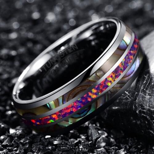 8mm Dome Inlaid Acacia Purple Opal Tungsten Steel Ring For Women Mens Silver Color Engrave Love Finger Ring