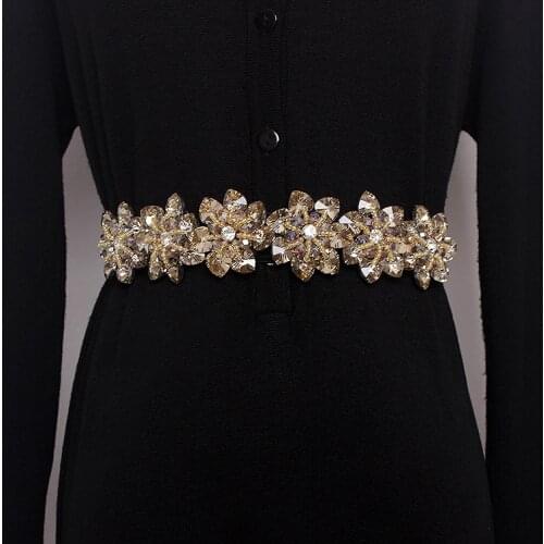 White Black Rhinestone Waist Band For Women Crystal Bead Elastic Flower Waist Belt Fashion Ladies Dress Belts Strap