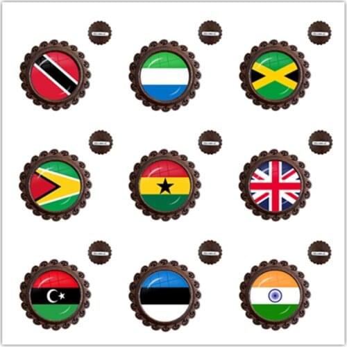 Trinidad,Sierra leone,Jamaica,Guyana,Ghana,UK,Libya,Estonia,India National Flag Wood Glass Brooches For Women Men Jewelry Gift