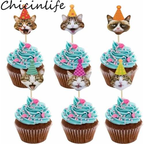 Chicinlife 24Pcs Cute Cat Cupcake Toppers Pet Party Decoration Baby Shower Cat Theme Birthday Party Cake Accessory Supplies