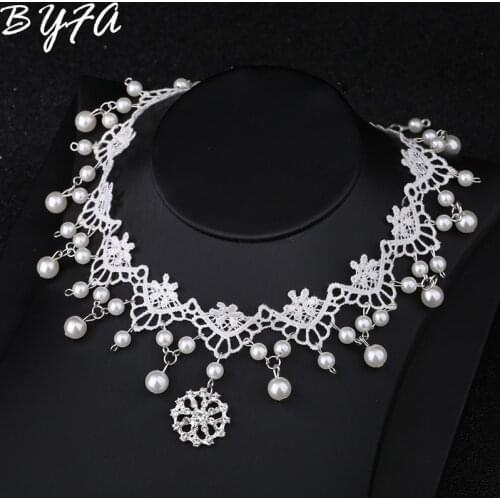 New Fashion Collares Sexy Gothic Chokers Crystal White Pearl Lace Neck Choker Necklace Vintage Women Wedding Choker Jewelry