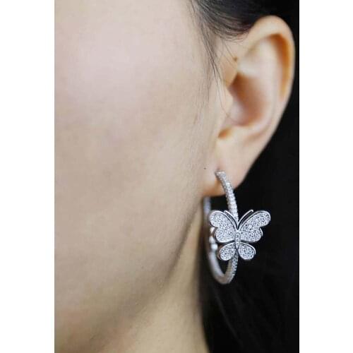 European Fashion Micro Pave Double Butterfly Full CZ Paved Medium Hoop Earring 2021 Valentines Day Gift For Girlfriend Women