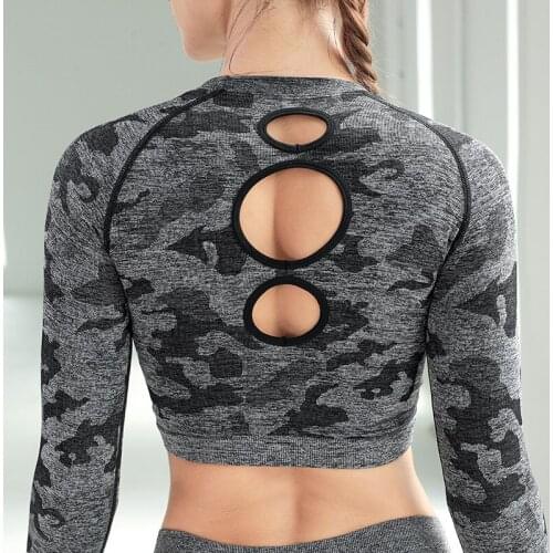 INFILAR Seamless Yoga Women Shirts Long Sleeves Camouflage Crop Tops Backless Navel T-shirts Gym Running Fitness Women Clothes