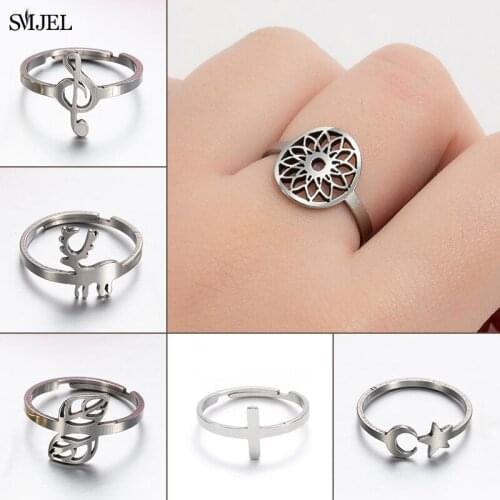 Stainless Steel Flower of Life Rings Vintage Viking Deer Cross Moon Star Tree Geometric Rings for Women Amulet Jewelry Gifts