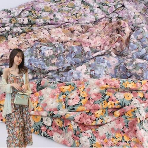 Korean Silk Oil Painting Vintage Fabric Not Transparent for Quilting Summer Clothes Fabrics For Sewing Dresses Per Meters