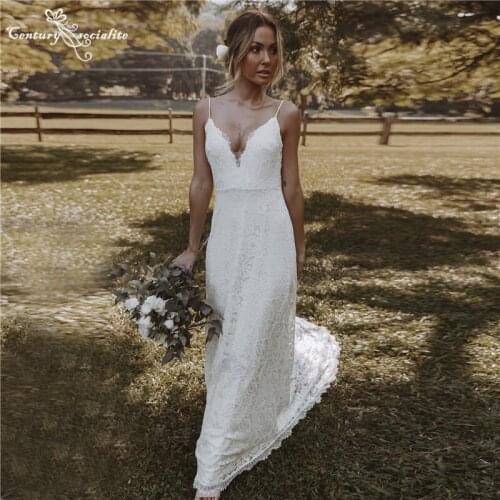 Lace Boho Wedding Dresses for Women 2021 Spaghetti Straps Backless Bohemian Bride Dress Beach Bridal Gowns Vestido De Noiva