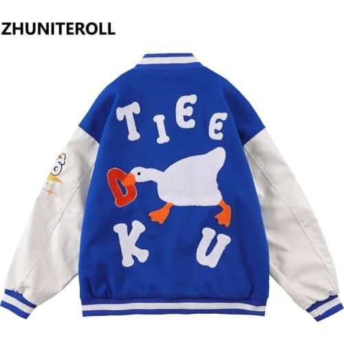 Hip Hop Bomber Jackets Towel Embroidery Funny Duck Block Patchwork Baseball Coats Streetwear Harajuku Fashion Casual Couple Tops