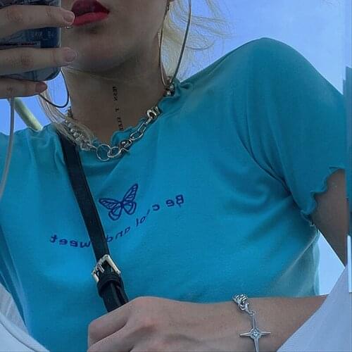 Summer short super fire butterfly letter printing curling short-sleeved T-shirt female self-cultivation top ins женские футболки