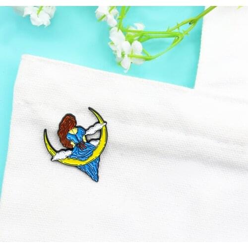 Cartoon Cute Fashion Girl Blue Back View Enamel Brooch Moon Cloud Sweet Alloy Pins Badge Clothes Accessories Woman Jewelry Gift