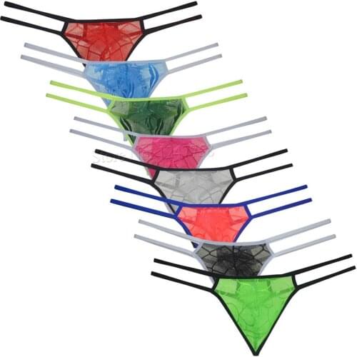 Mens Sissy Lace Bikini Thong Underwear Micro String Tempting Tangas Sissy Slim Pouch Hipster