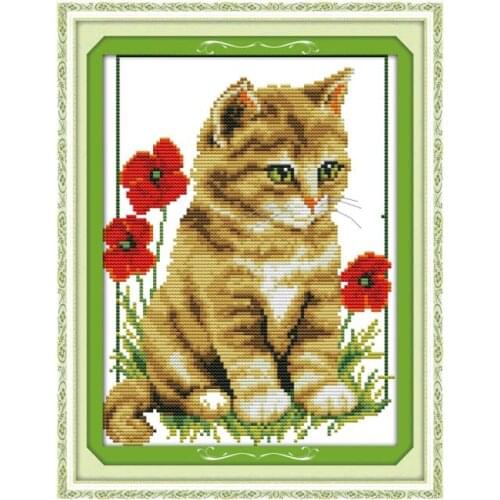 Joy Sunday Kitten and poppies Cat pattern cross stitch kits pattern set14CT chinese embroidery counted needlework fabric printed