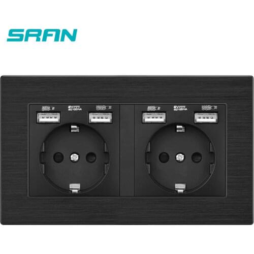 Wall 16A EU Multi Way Power Socket Plug Grounded Electrical Socket With USB Outlet Strip 146 Aluminum Alloy Panel Family Hotel