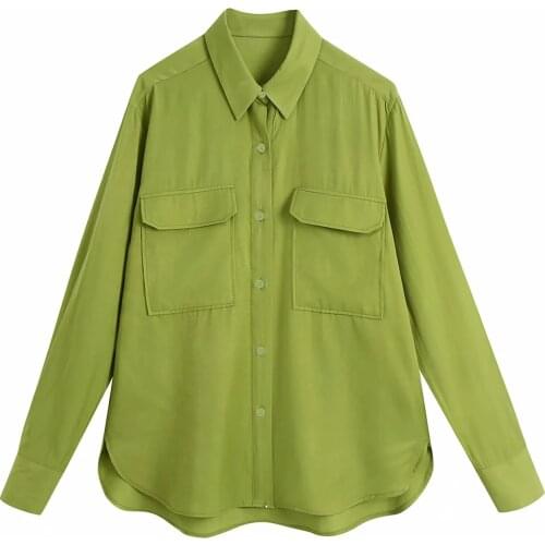 Za New Women Vintage Double Pockets Patch Solid Casual Slim Smock Blouse Office Lady Business Shirts Chic Blusas Tops