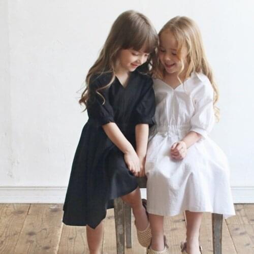 Girls Sisters Matching Dress White Black Shirt Dres V-neck Half-sleeve Cotton Children Midi Dress 8 10 12 years