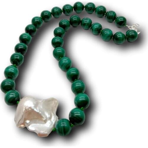 17" Natural 12mm Genuine Round Green Malachite Freshwater White Keshi Pearl chokers Necklace for ethnic for women