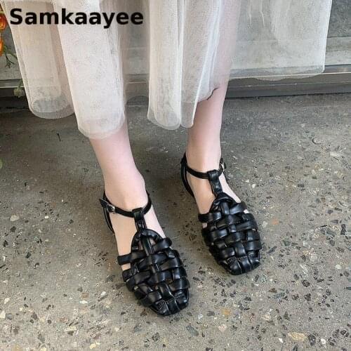 Size 35-39 Women Sandals Summer Female Weave Flats Shoes Mujer Buckle Strap Solid Hollow out Gladiator Roman Casual Sandalias 39