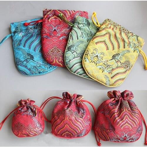 Wave Small Chinese Silk Brocade Jewelry Pouch Drawstring Fabric Gift Bag Lavender Sachet Bag Vintage Flower Coin Purse 50pcs/l