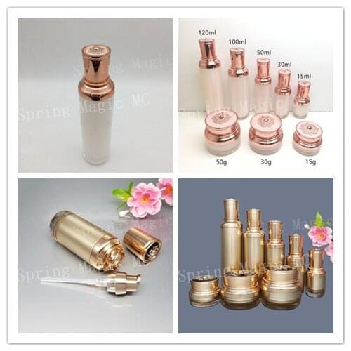 High-end Cosmetic Packaging Beauty Tools 120ml Acrylic Flat Top Crown Bottle Symphony Pearl White/Gold Lotion Essence Bottle