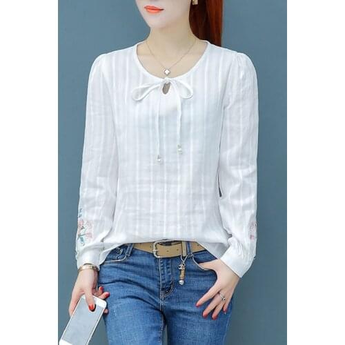 100% Cotton White Shirt Women Long sleeve Embroidery Elegant Ladies Office Blouse Plus size Tops