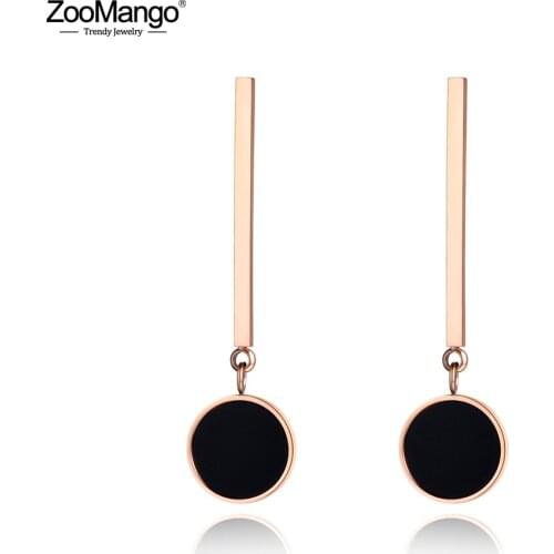 ZooMango Trendy Black Acrylic Long Earrings For Women Girls Rose Gold Stainless Steel Ear Jewelry Christmas Party Gifts ZE19007