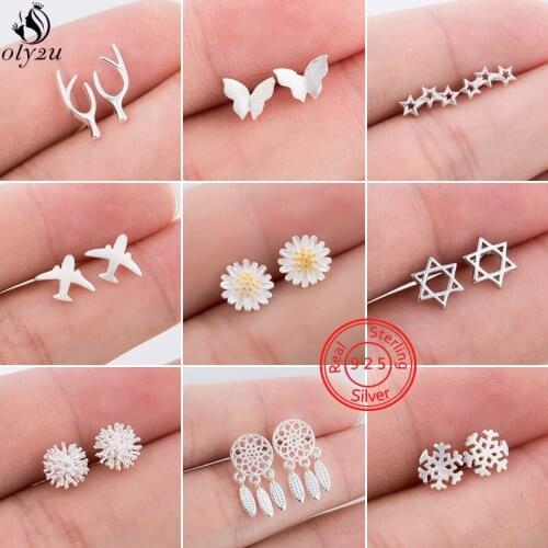 Multiple 925 Sterling Silver Earrings for Women Kids Jewelry Fashion Star Butterfly Plane Daisy Flower Stud Earring Pendientes