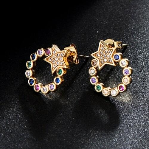 Pipitree Lovely Circle Star Earrings Multicolor Cubic Zirconia Women Stud Earrings CZ Stone Ear Jewelry boucle d'oreille femme