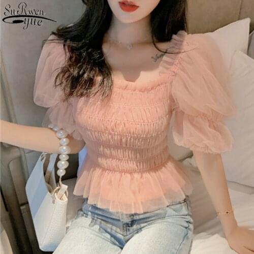 Summer Chiffon Blouses Short Sleeve Puff Sleeve Sweet Solid Mesh Blosue Korean Style Super Short Top Female Ropa De Mujer 10026