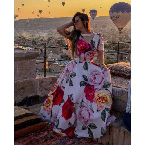 Echoine V-neck Pearl Maxi Long Dress Women Floral Print Summer Short Sleeve Vintage Vestidos Riobe Hobo Holidays Sundress