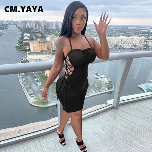 CM.YAYA Women Mini Dress Solid Strap Slash Neck Side Bandage Hollow Out Bodycon Dresses Sexy Night Club Party Vestidos Summer