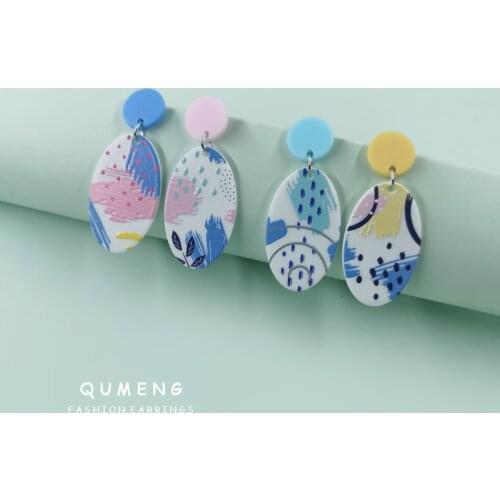 2021 Hot Sale European Design Funny Graffiti Colorful polka-dot Oval Branch Acrylic Drop Earrings Tide Female Party Jewelry Gift