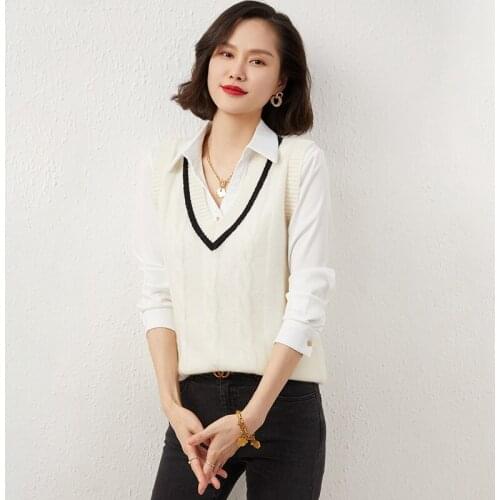 2021 Womens Autumn Winter 100% Cashmere Knitted Vest Loose Sweater Waistcoat Female V-Neck Thicken Pullover Sleeveless Tops