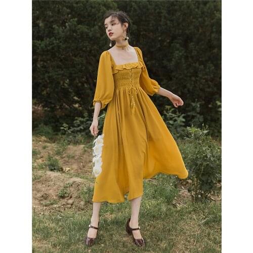 BLLOCUE Ruffled Dress 2020New Female French Palace Retro Square Collar Halter Chiffon Dress Fairy Temperament